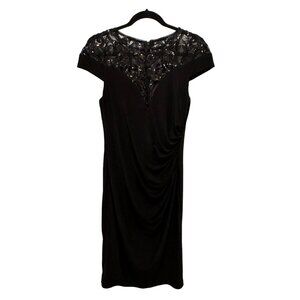 ✌️ 2/$40 ✌️ Black Cocktail A-Line Dress Ruched Side, Cap Sleeves, Lace Top sz 8